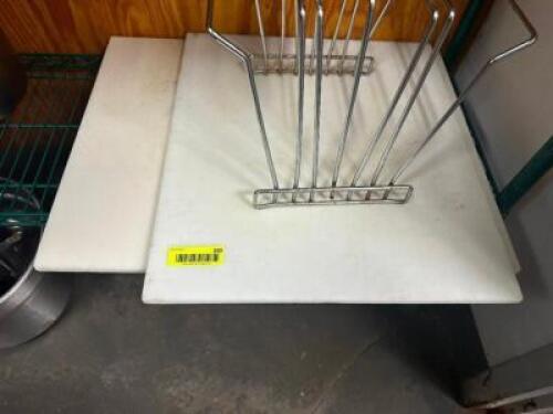 (3) ASSORTED CUTTING BOARDS W/ WIRE RACK.