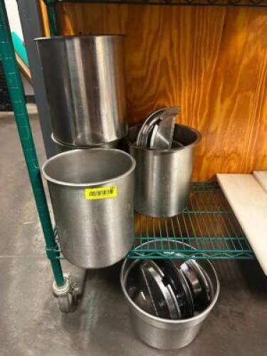 (6) ASSORTED ROUND STAINLESS SALAD BAR / SOUP CROCK INSERTS.