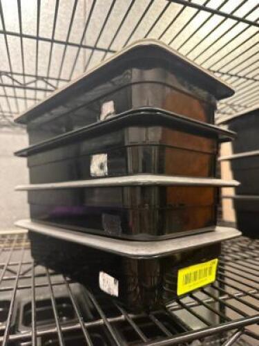 (3) 1/3 SIZE BLACK PLASTIC DELI INSERTS W/ LIDS