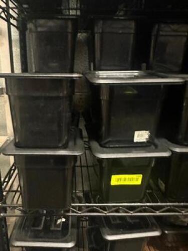 (10) 1/6 SIZE BLACK PLASTIC DELI INSERTS W/ LIDS