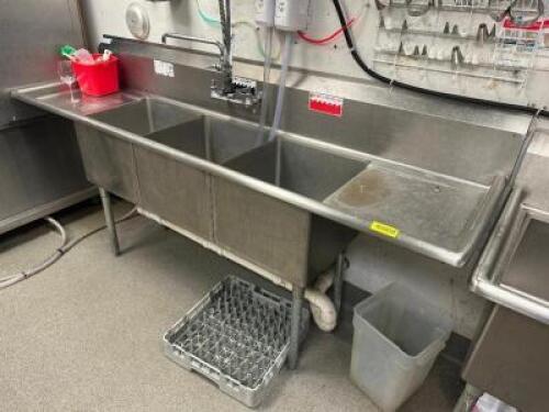 90" THREE WELL STAINLESS POT SINK W/ LEFT AND RIGHT DRY BOARDS.