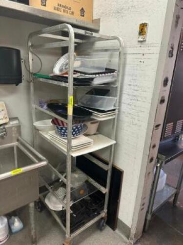 SIX TIER BIN TRAY RACK W/ CONTENTS - ASSORTED SMALL WARES.