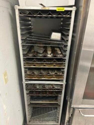 TRAY RACK W/ CONTENTS - ASSORTED LOAF AND BAKING PANS.