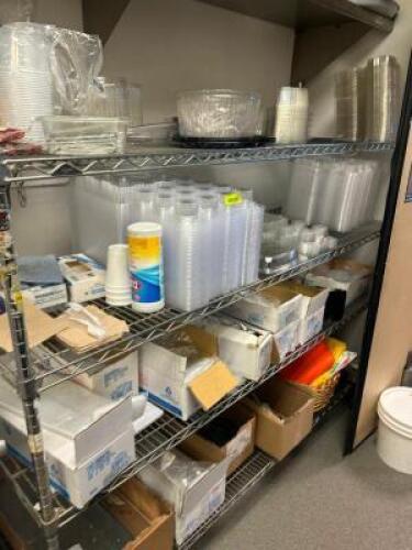 CONTENTS OF SHELF -ASSORTED PLASTIC CUPCAKE TRAYS AND PAPER PRODUCTS.