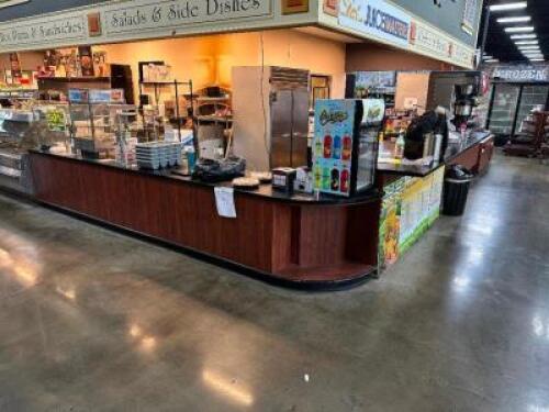 32' X 16' L SHAPED LAMINATE SALES COUNTER W/ RIGHT SIDE BAKERY DISPLAY CASE.