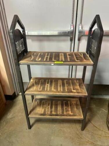 SCHLAFLY THREE TIER METAL DISPLAY RACK W/ WOOD BURNT SHELVING INSERTS