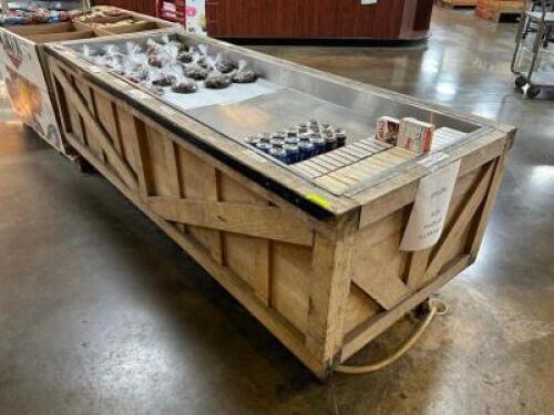 93" X 34" WOODEN CRATE STYLE FLOOR DISPLAY W/ STAINLESS DROP IN WELL.