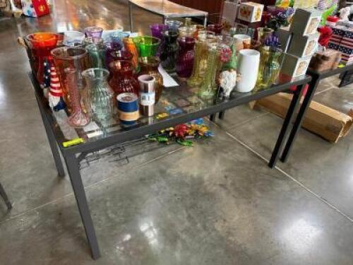 60" X 30" GLASS TOP TABLE W/ METAL BASE.