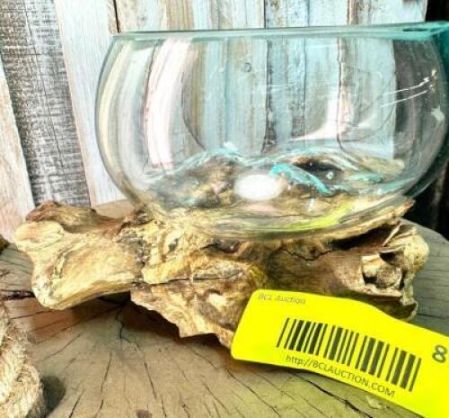 MELTED GLASS BOWL ON TEAK BASE