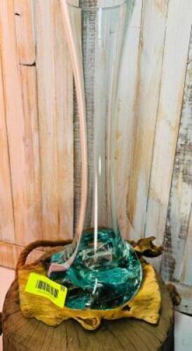 MELTED GLASS VASE ON TEAK BASE