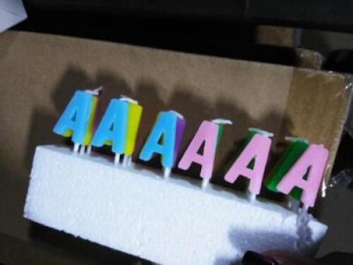DESCRIPTION: (3) BOXES OF APPROX (50) WAX BIRTHDAY CANDLESINFORMATION: LETTER A, AND ACTUAL CANDLESSIZE: TIPS FOR CANDLESRETAIL$: $9.99 EAQTY: 3