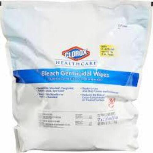 DESCRIPTION: (3) BAGS GERMICIDAL DISINFECTING WIPES BRAND/MODEL: CLOROX/4XKR8 INFORMATION: 110 WIPES PER BAG SIZE: 12" X 12" SHEET SIZE RETAIL$: $150.