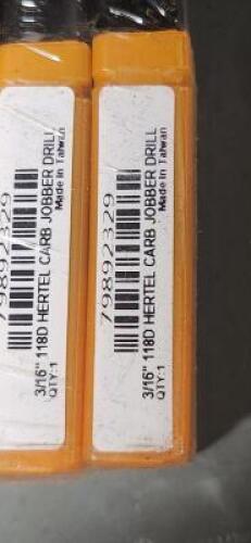 DESCRIPTION: (10) SOLID CARBIDE JOBBER DRILL BITS BRAND/MODEL: HERTEL 79892329 SIZE: 3/16" DIA 118 DEG RETAIL$: $30.79 QTY: 10