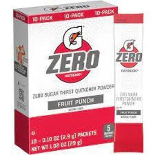 DESCRIPTION: (2) CASES OF (12) PACKS OF (10) ZERO SUGAR SPORTS DRINK POWDER BRAND/MODEL: GATORADE ZERO #61KG10 INFORMATION: FRUIT PUNCH SIZE: 20 OZ PA
