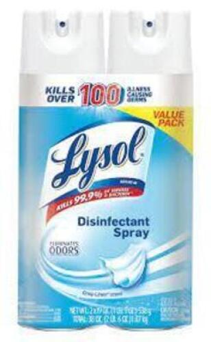 DESCRIPTION: (2) PACKS OF (2) DISINFECTANT SPRAY BRAND/MODEL: LYSOL INFORMATION: CRISP LINEN SIZE: 38 OZ RETAIL$: $19.00 EA QTY: 2