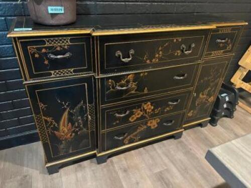 DREXEL HERITAGE ET CETERA BLACK AND GOLD ASIAN 54" BUFFET CABINET.