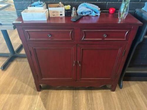 40" WOODEN BUFFET CABINET IN DARK CHERRY STAIN.