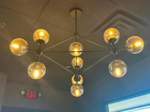 TEN GROUP CHANDELIER LIGHT FIXTURE W/ GLOBE STYLE SHADES.