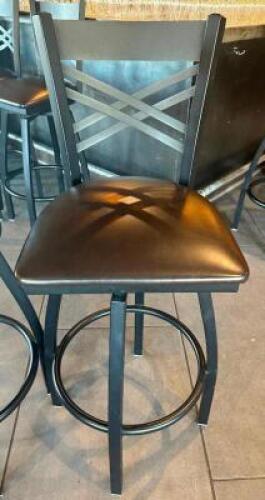 (2) 30" LANCASTERS TABLE AND SEATING CROSS BACK SWIVEL BAR STOOLS W. DARK BROWN CUSHIONS