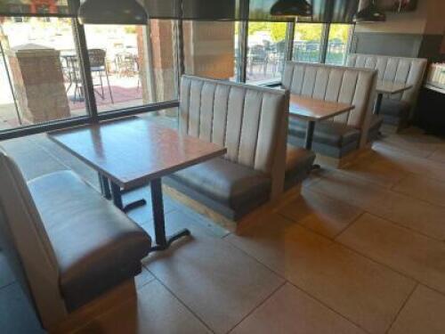(3) SECTIONS OF 48" LIGHT GREY AND DARK GREY BOOTH SEATING W/ TABLES.