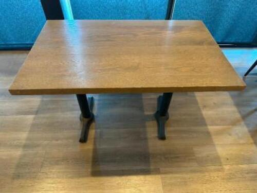 48" X 30" HARDWOOD TABLE W/ DOUBLE PEDESTAL BASE.
