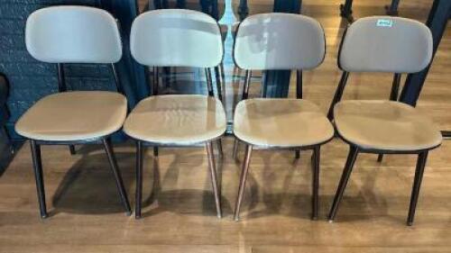 (4) LIGHT GREY CHAIRS W/ WOODEN FRAMES.