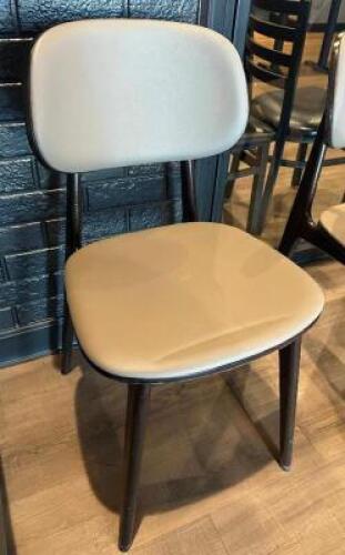 (8) LIGHT GREY CHAIRS W/ WOODEN FRAMES.