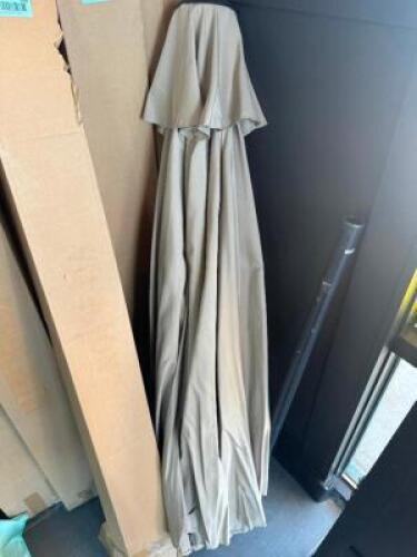 (2)8' BROWN CANVAS PATIO UMBRELLAS W/ METAL POSTS.