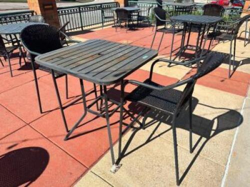 33" X 33" METAL PATIO PUB TABLE W/ (2) METAL AND WICKER PATIO BAR CHAIRS.
