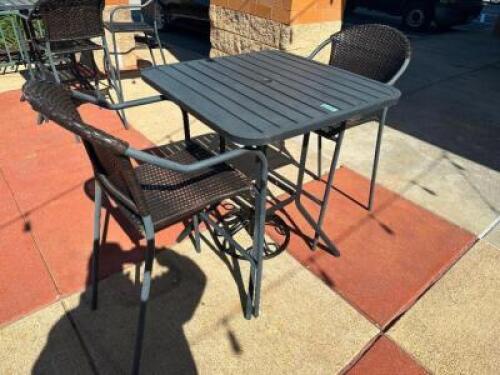 33" X 33" METAL PATIO PUB TABLE W/ (2) METAL AND WICKER PATIO BAR CHAIRS.
