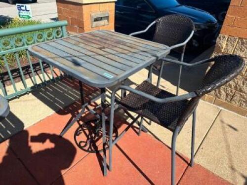 33" X 33" METAL PATIO PUB TABLE W/ (2) METAL AND WICKER PATIO BAR CHAIRS.