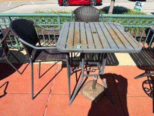 33" X 33" METAL PATIO PUB TABLE W/ (2) METAL AND WICKER PATIO BAR CHAIRS.
