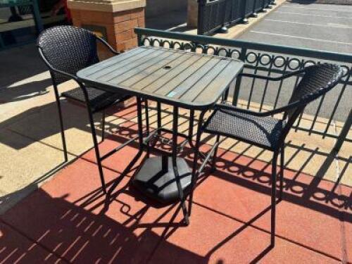 33" X 33" METAL PATIO PUB TABLE W/ (2) METAL AND WICKER PATIO BAR CHAIRS.