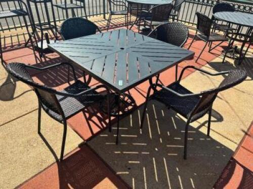 42" X 42" METAL PATIO TABLE W/ (4) METAL AND WICKER CHAIRS.
