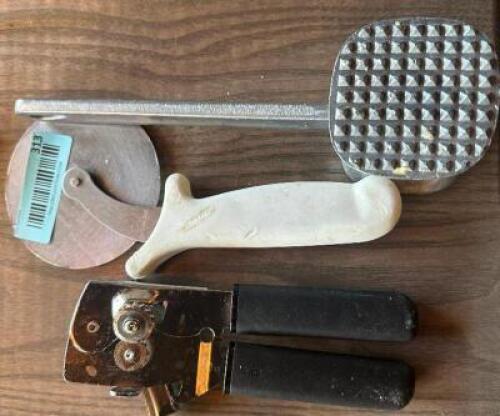 MALLET, PIZZA WHEEL, AND CAN OPENER.