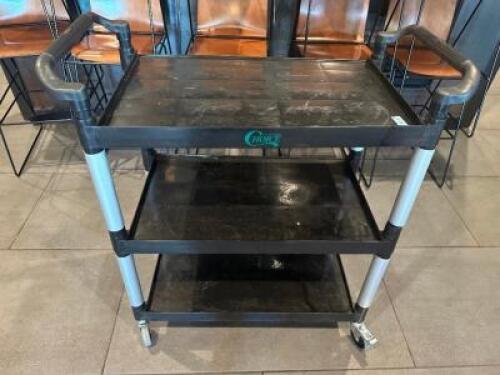 THREE TIER BLACK PLASTIC UTILITY CART.
