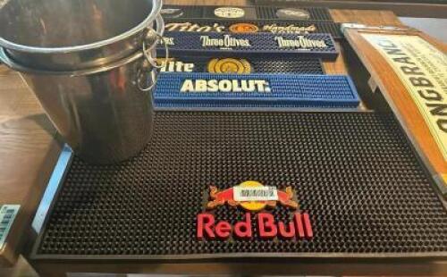 (2) STAINLESS CHAMPAGNE BUCKETS AND ASSORTED BAR MATS.