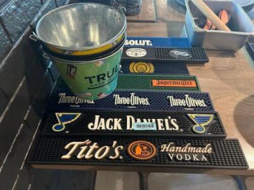 (3) BAR BUCKETS AND ASSORTED BAR MATS.