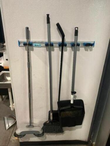 WALL MOUNTED TOOL HOLDER W/ CONTENTS - BROOMS AND DUST PANS
