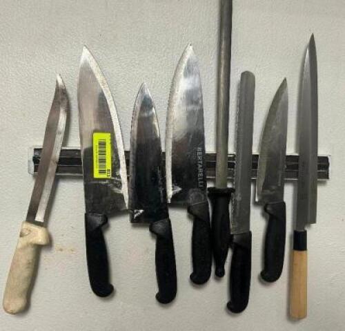 (8) KITCHEN KNIVES AND MAGNETIC RACK.