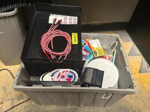PLASTIC TOTE AND CONTENTS - OFFICE SUPPLIES.
