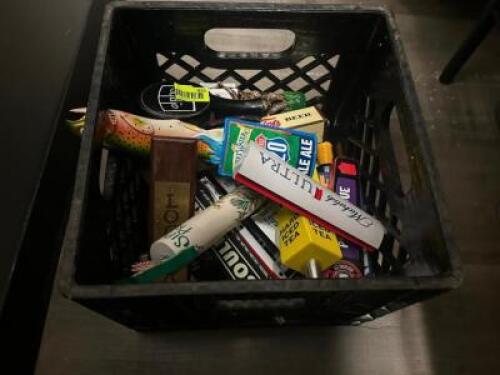 MILK CRATE AND CONTENTS (10) ASSORTED TAP HANDLES