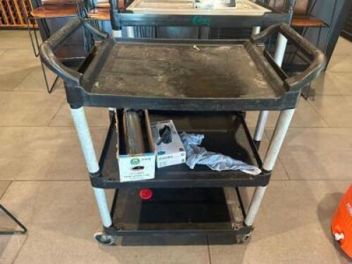 THREE TIER BLACK PLASTIC UTILITY CART.