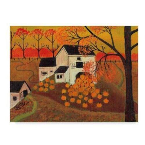 'Pumpkin Barn Autumn Folk Art' Acrylic Painting Print on Wrapped Canvas