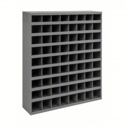 DESCRIPTION: (1) PIGEONHOLE BIN UNIT BRAND/MODEL: DURHAM INFORMATION: 72 BINS SIZE: 34" X 8 1/2" X 42" RETAIL$: $282.79 QTY: 1