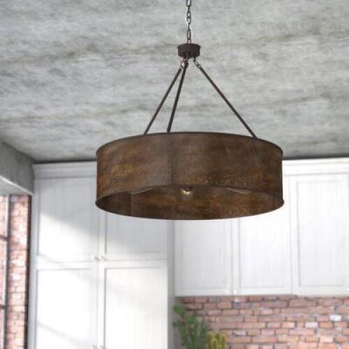 DESCRIPTION: LUYSTER 5-LIGHT UNIQUE DRUM CHANDELIER BRAND/MODEL: SATCO 60-5895 RETAIL$: $449.99 QTY: 1