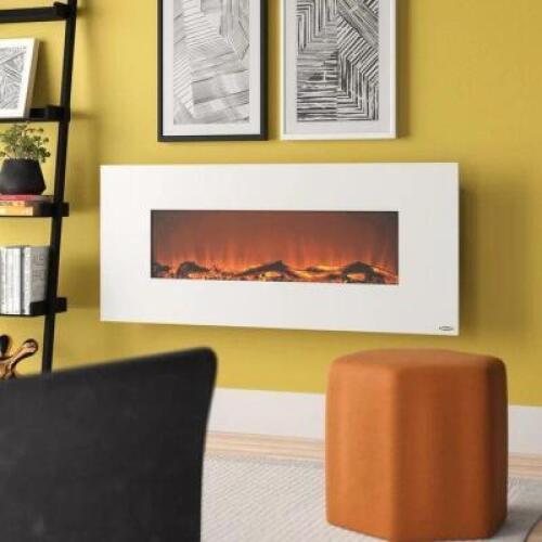 DESCRIPTION: LAUDERHILL WALL MOUNTED ELECTRIC FIREPLACE BRAND/MODEL: TOUCHSTONE 80002 SIZE: 50.4"X21.65"X5.5"' RETAIL$: $299.99 QTY: 1