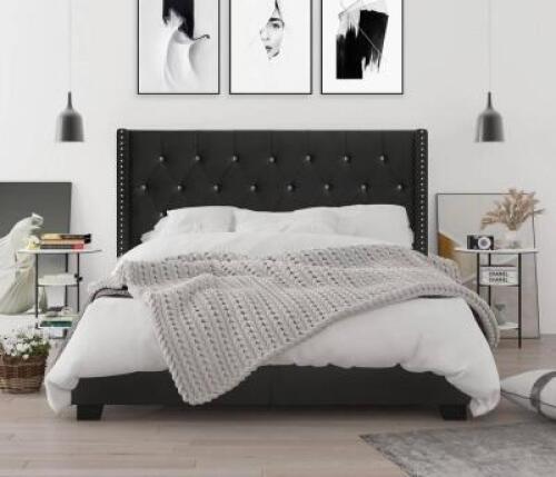 DESCRIPTION: SANDERS UPHOLSTERED LOW PROFILE STANDARD BED SIZE: QUEEN RETAIL$: $281.99 QTY: 1