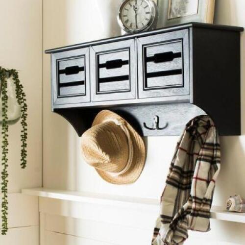 DESCRIPTION: BEAUREGARD HANGING WALL RACK BRAND/MODEL: DECOR LIVING SIZE: 12"X28"X7.75" RETAIL$: $125.99 QTY: 1