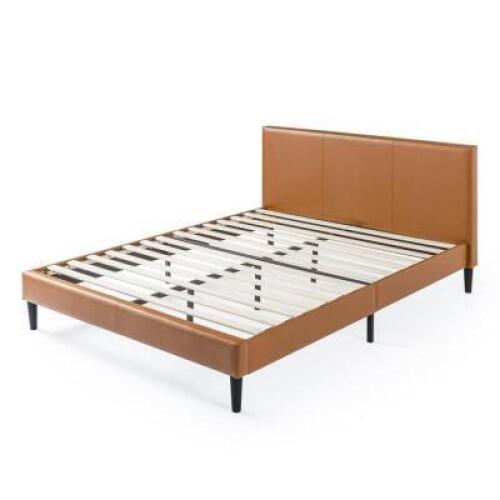 DESCRIPTION: COGNAC JADE UPHOLSTERED LOW PROFILE PLATFORM BED SIZE: FULL RETAIL$: $349.99 QTY: 1